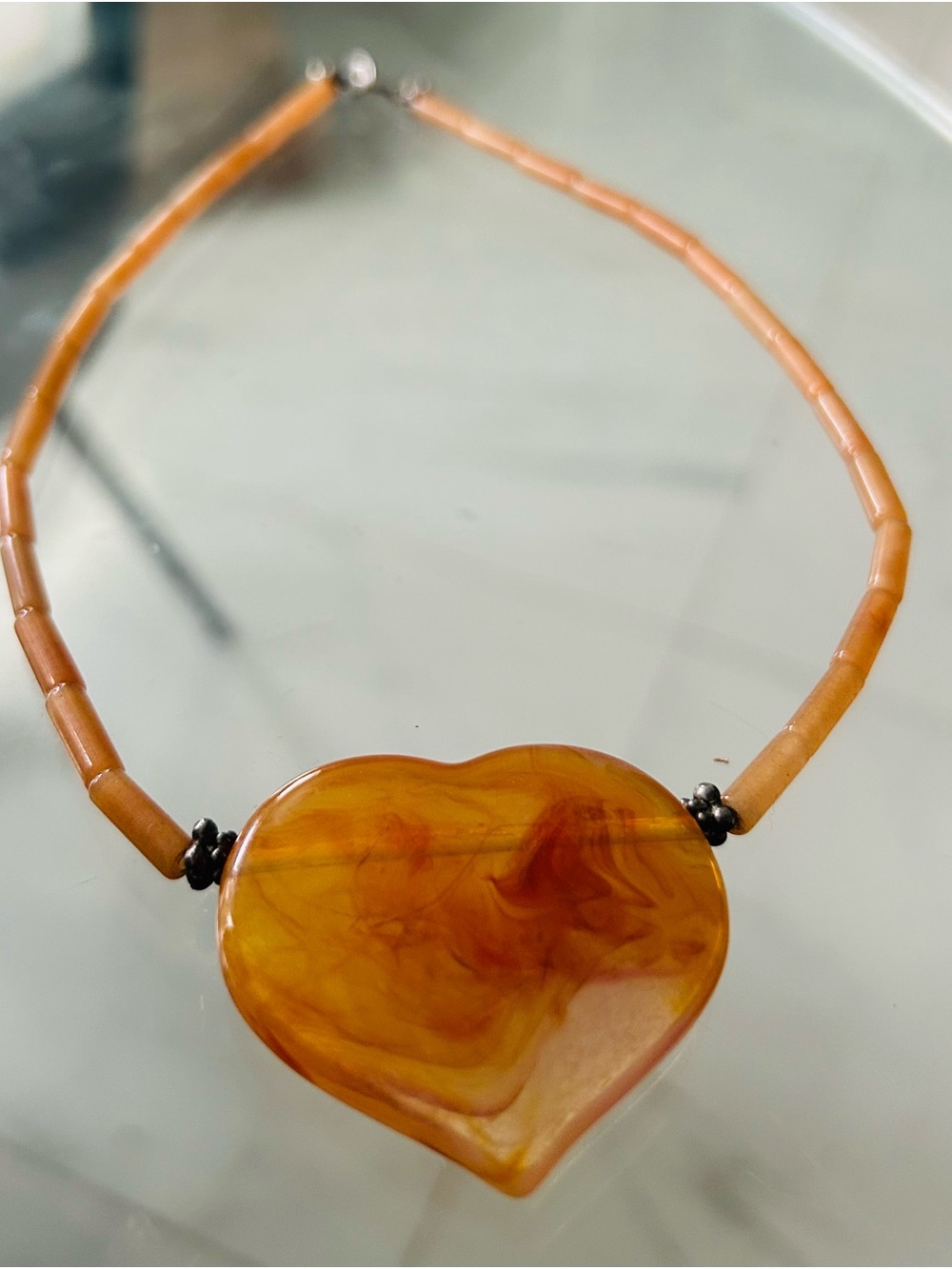 Handcrafted Amber-Tone Heart Pendant Necklace w/925 Silver Clasp